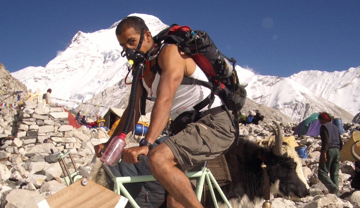Vijay undergoing exercise testing at advanced base camp